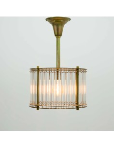 lámpara de techo vintage efecto latón envejecido y tubos de cristal transparentes.