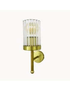 Aged brass finish with scratched glass shade that provides an elegant vintage finish