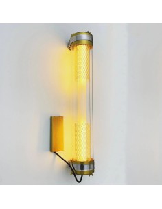 vintage wall lamp made of transparent glass tube with two metal meshes