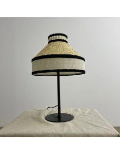 Vintage table lamp raffia and cream fabric lampshade -... 2