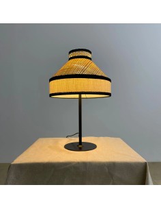 Vintage table lamp raffia and cream fabric lampshade -...