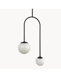 Pendant lamp with black metal structure and two white opal glass balls for vintage light