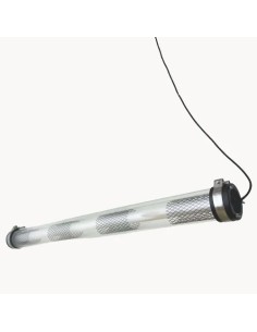 industrial vintage style ceiling lamp with elongated glass tube with metal structure