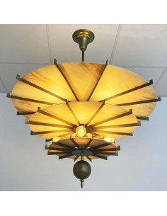 Vintage hanging ceiling lamp with warm light bulbs on each platform