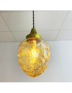 Vintage ceiling lamps with flowered amber glass lampshade... 2
