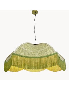 green hanging lamp with fringes and natural fibers for vintage light