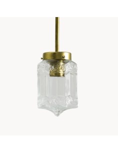 lámpara de techo colgante vintage latón envejecido y cristal transparente con relieve.