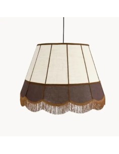 vintage ceiling lamp with beige linen fabric shade and brown fringes