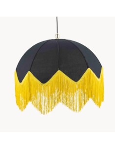 vintage ceiling lamp with dome-shaped fabric shade in black with gold fringes