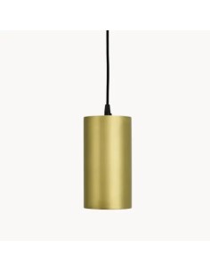 ceiling lamp in aged brass finish with a minimalist design suspended by a black textile cable