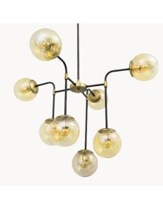 lámpara vintage colgante con estructura de metal con varios acabados y bolas de cristal ámbar
