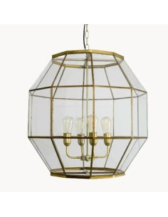 lámpara colgante estilo vintage con forma de farol, cristal transparente y estructura de latón envejecido
