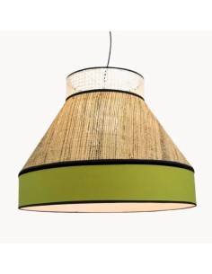 Lámpara colgante grande alexis de luz vintage en tela rafia y chims verde