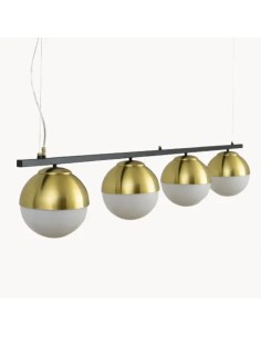 Vintage linear ceiling lamp with 4 glass balls and satin brass color
