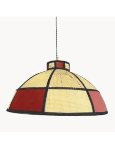 lámpara de techo vintage con pantalla artesana de tela color enea, rafia y granate