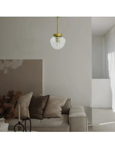 Ceiling pendant lamp with pineapple-shaped glass lampshade and aged brass metal support for vintage light 2