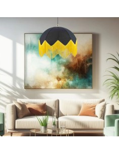 lámpara de techo vintage con pantalla de tela en forma de cúpula en color negro con los flecos dorados 2
