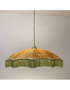 Pendant Ceiling Lamp with Wicker Lampshade and Green Fringes