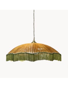 Wicker Lampshade with Green Fringes for Ceiling Pendant Lamp