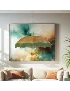 Pendant Ceiling Lamp with Wicker Lampshade and Green Fringes 2