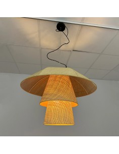 Pendant lamp made of beige raffia with mushroom-shaped design lit 2
