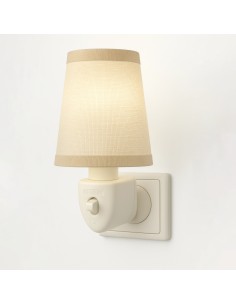 plug-in night light, linen-textured shade, warm light