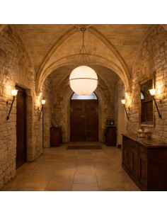 Spherical brass and opal glass lamp for lighting projects