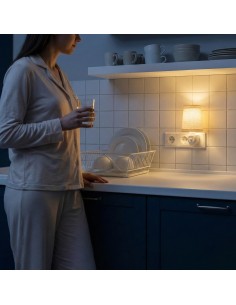plug-in night light, linen-textured shade, warm light 2