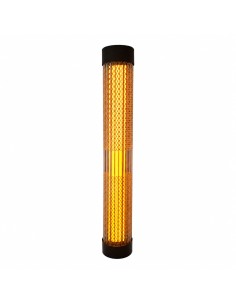 Black vertical wall sconce with rear mounting plate, diamond-pattern metal mesh and amber light.