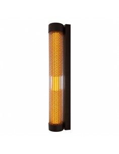 Black vertical wall sconce with rear mounting plate, diamond-pattern metal mesh and amber light. 2