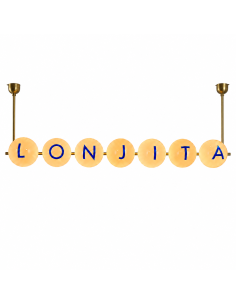 Custom linear pendant sign with seven illuminated glass globes spelling “LONJITA”