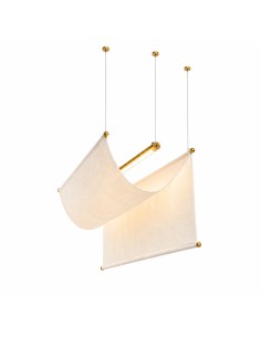 Sculptural pendant lamp with a brass structure and suspended translucent fabric.