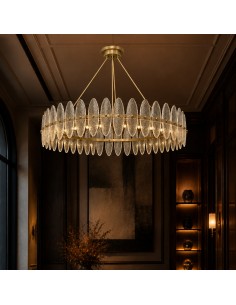 AURELIA brass and textured-glass chandelier, photographed against a white studio background. 2