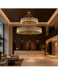 1. Studio photograph of the AURELIA-02 chandelier against a white background. 2