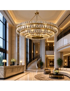 Florencia chandelier switched on, featuring a gold structure and multiple textured crystal pieces. 2
