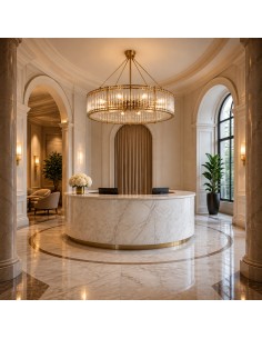 Large circular brass and glass chandelier, illuminated. 2