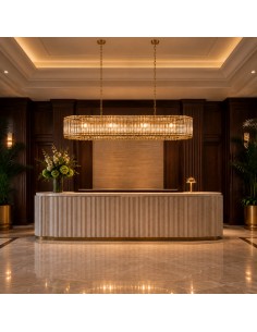 Glass and brass pendant light, illuminated. 2