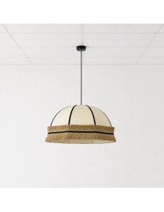 Beige fabric lampshade with fringes and elegant black accents.