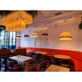 vintage ceiling lamp with dome-shaped linen shade 2