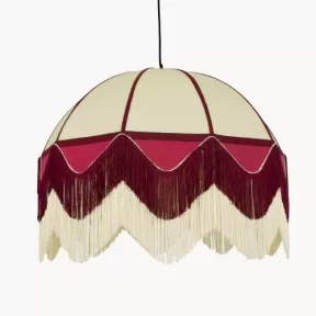 hanging lamp with double strip of fringes in burgundy
