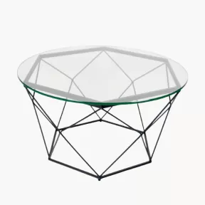 mesa de luz vintage con estructura geométrica de metal color negro mate con cristal circular laminado transparente