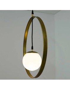 Pendant lamp with suspended circle and vintage light opal glass ball