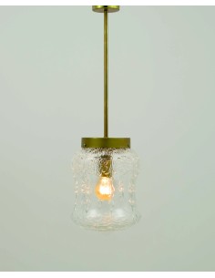 ceiling lamp with metal stem finished in aged brass effect and carved glass lampshade